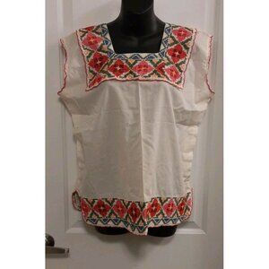 Vintage Handmade Cotton Folk Art Women's Top With Cross Stitch Detailing XL